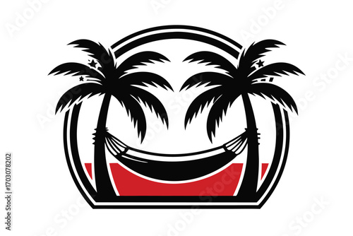 Silhouette Palm Trees With Hammock, Tropical Beach Scene, Summer Vacation