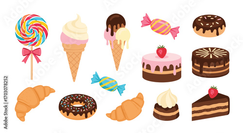 A delightful assortment of sweet treats including lollipops ice cream cones cakes donuts croissants and candies