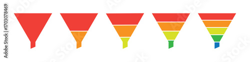 Colorful funnel chart infographic for business workflow, sales process and marketing strategy. 1, 2, 3, 4, and 5 parts