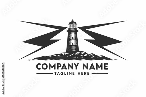 Striking of Coastal Lighthouse with Dynamic Rays on White Background