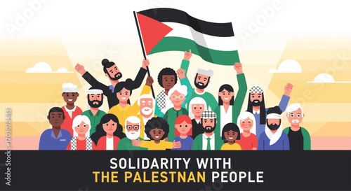 Flat vector poster of diverse people raising the Palestinian flag together, with a slogan “Solidarity with the Palestinian People” on a bright background