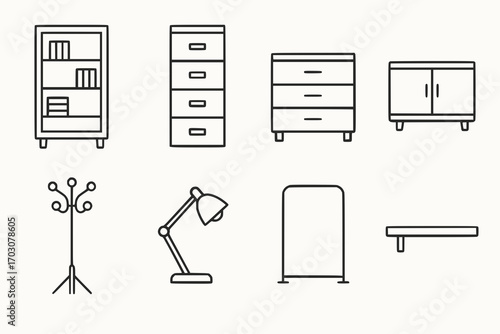 Minimalist line icons of office storage and auxiliary furniture