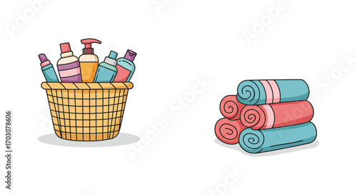 basket filled with toiletries next to neatly stacked towels