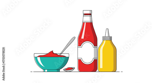 Condiment collection featuring ketchup mustard and sauces in studio lighting on a clean white background