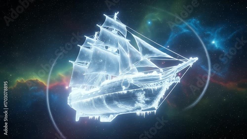 Ethereal Sailing Ship Hologram in Cosmic Expanse