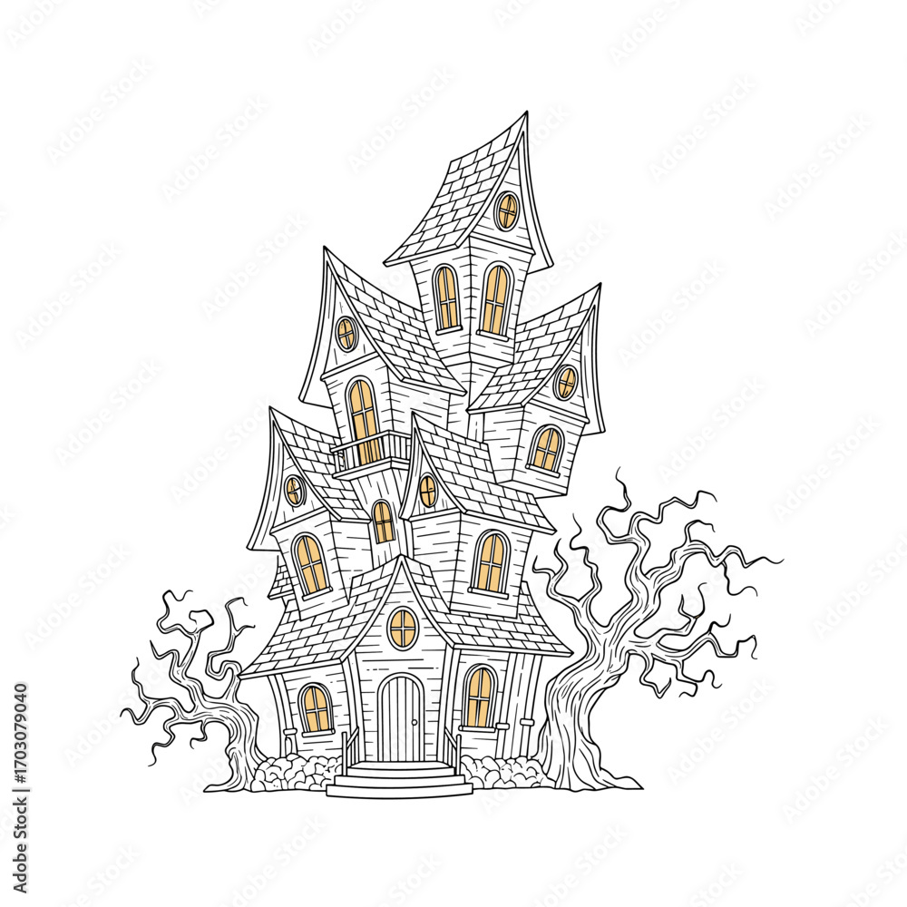 Fototapeta premium Spooky Haunted House Illustration with Twisted Trees.