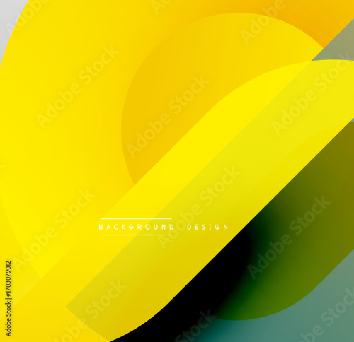 Abstract yellow, green gradients overlap. Modern design features smooth transitions, dynamic shapes, simple text elements. Bright, vibrant composition.