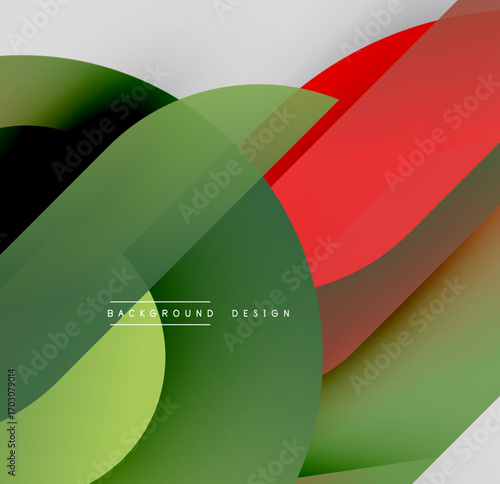 Abstract design features overlapping translucent shapes. Green, red, gray gradients create dynamic composition. Modern aesthetic.