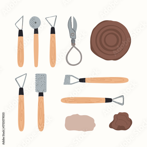 Pottery Tools and Clay Materials for Crafting and Sculpting.