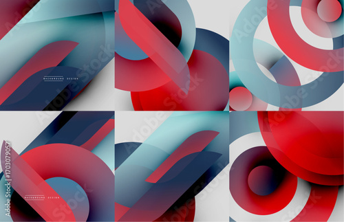 Abstract geometric designs. Overlapping shapes create dynamic compositions. Red, blue, turquoise hues dominate visuals. Modern style.