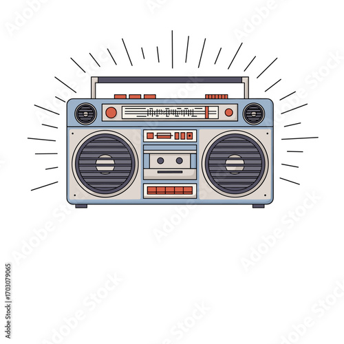 Retro boombox with radiating sound waves illustration.