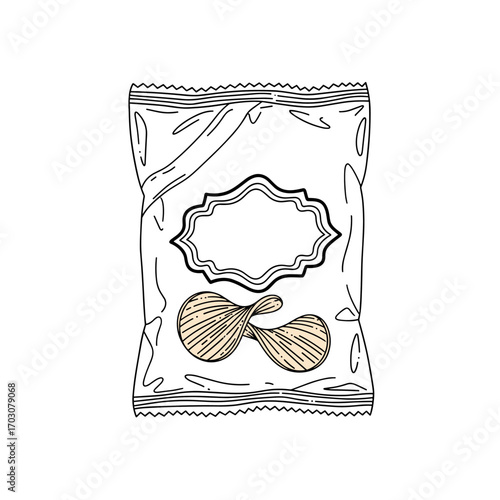 Hand drawn illustration of a potato chip bag with a label and chips.