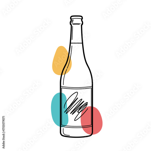 Minimalist line art of a bottle with colorful abstract shapes.