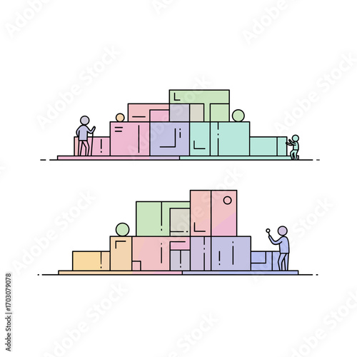 Two abstract podiums with people and geometric shapes.
