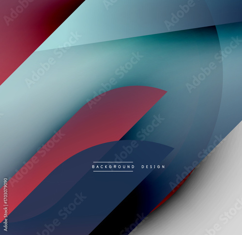 Abstract design features overlapping shapes, gradients. Blues, reds, whites create modern visual effect. Minimalist composition, smooth transitions.