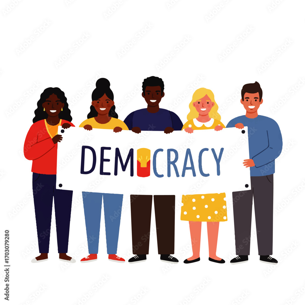 Fototapeta premium Diverse Group of People Holding a Democracy Banner Together.