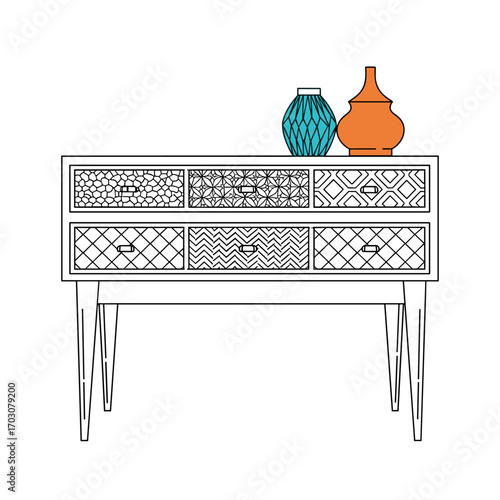 Bohemian Style Dresser with Decorative Drawers and Vases.