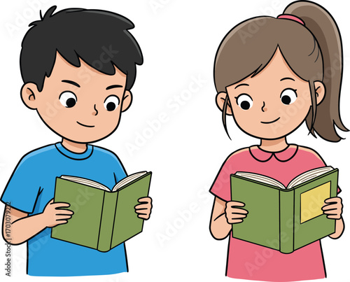 Boy and girl reading books, children studying together, learning, education, classroom, students, school, childhood literacy, book lovers, knowledge sharing