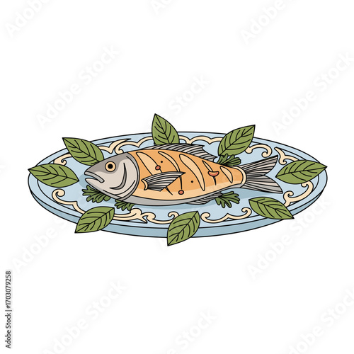 Whole cooked fish served on a decorative platter with green leaves.