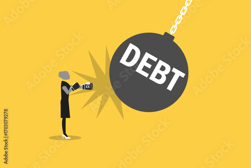 Business woman wearing boxing gloves punching with creditor or huge boom debt