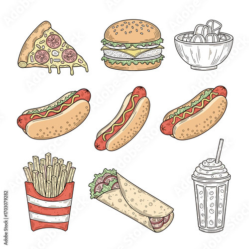 Collection of delicious fast food items including pizza burger hot dogs fries and burrito.