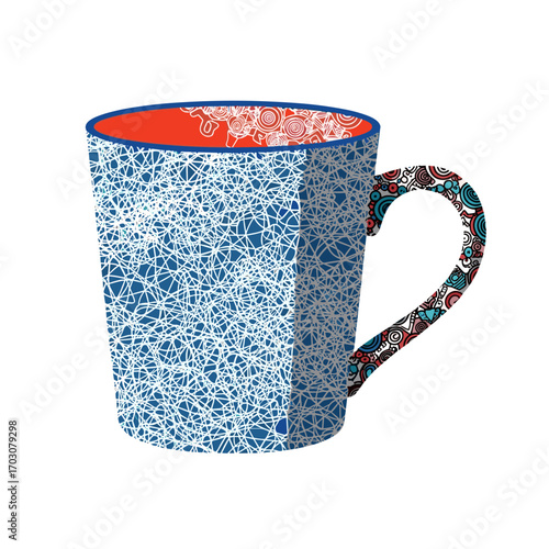 A beautifully decorated ceramic mug with intricate patterns.