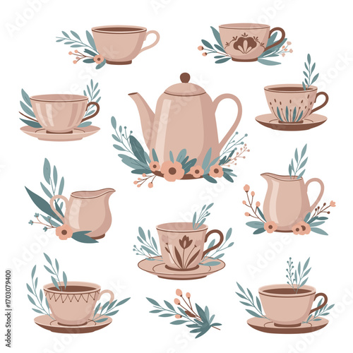 Elegant Tea Set Collection with Floral Accents.