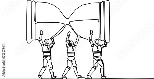 Single one line drawing group of robots work together to carrying an hourglass. Sets the countdown. Bring classic items. Technology artificial intelligence.