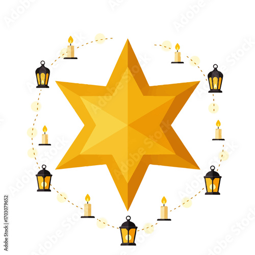 Golden Star of David with Hanukkah Candles and Lanterns.