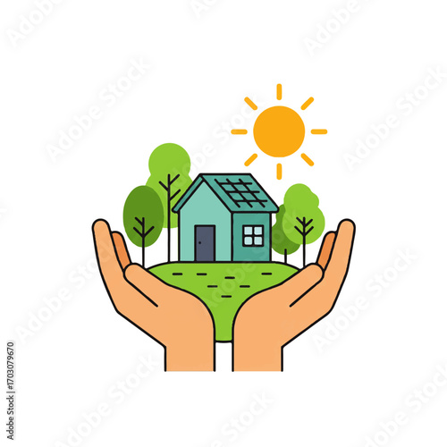 Hands Holding Green EcoFriendly Home with Solar Panels.