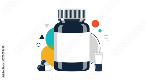 Comprehensive supplement bottle with capsules and abstract shapes representing health and wellness products
