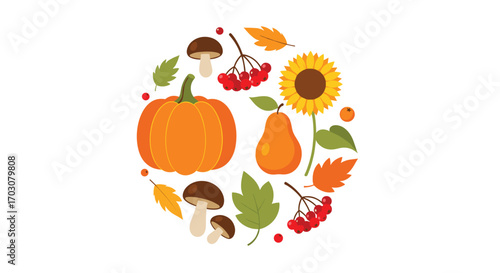 Autumn harvest circular arrangement of seasonal fruits vegetables and foliage