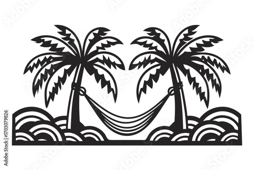 Tropical Palm Tree Hammock Silhouette, Coastal Beach on White Background
