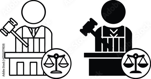 Judge Icons. Black and White Vector Illustrations. Judge, Gavel, and Scales. Official Who Considers and Resolves Civil, Criminal, and Administrative Cases. Justice Concept

