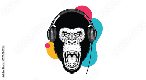 An illustration of a pixelated chimpanzee wearing headphones with its mouth open in a roar surrounded by abstract colorful blobs against a white background