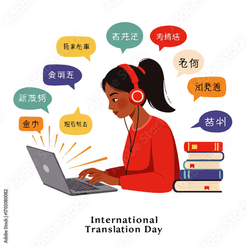 Professional Translator Working on Laptop with Multilingual Speech Bubbles.