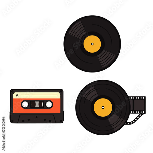 Retro Music Media Cassette Tape and Vinyl Records.