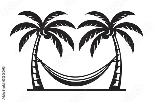 Twin Palm Trees Silhouette With Hammock On White Background