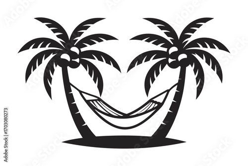 Two Palm Trees Silhouette with Hammock, Tropical Scene,