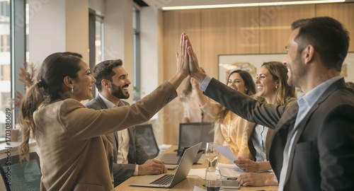 Business team celebrating success with high five, collaborative teamwork, corporate achievement, office meeting, happy colleagues