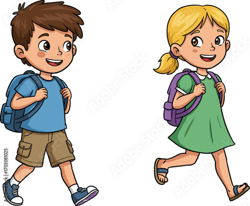 Cute cartoon kids walking to school, happy boy and girl with backpacks, back to school vector, education illustration art