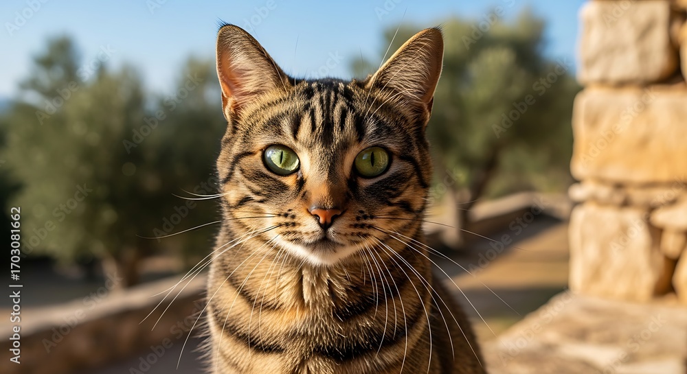 Fototapeta premium Striped Tabby Cat Outdoors in Sunny Day.