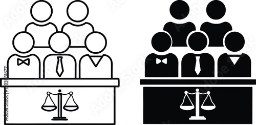 Jury Icons. Black and White Vector Illustrations. Ordinary Citizens, Jurors, Decide on the Guilt or Innocence of the Defendant. Justice Concept

