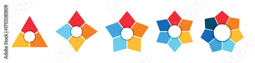 Colorful multifunctional star shape infographic for business stages, workflow and marketing process. 3, 4, 5, 6, and 7 parts