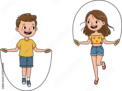 Happy boy and girl jumping rope, kids playing outdoors, smiling children with jump ropes, fun active kids, summer play, cartoon vector