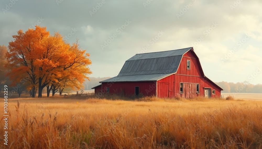 Obraz premium Rustic red barn stands weathered in golden autumn field. Bright orange foliage tree nearby. Peaceful rural landscape evoking countryside life, agriculture, harvest season, tranquil farm atmosphere.