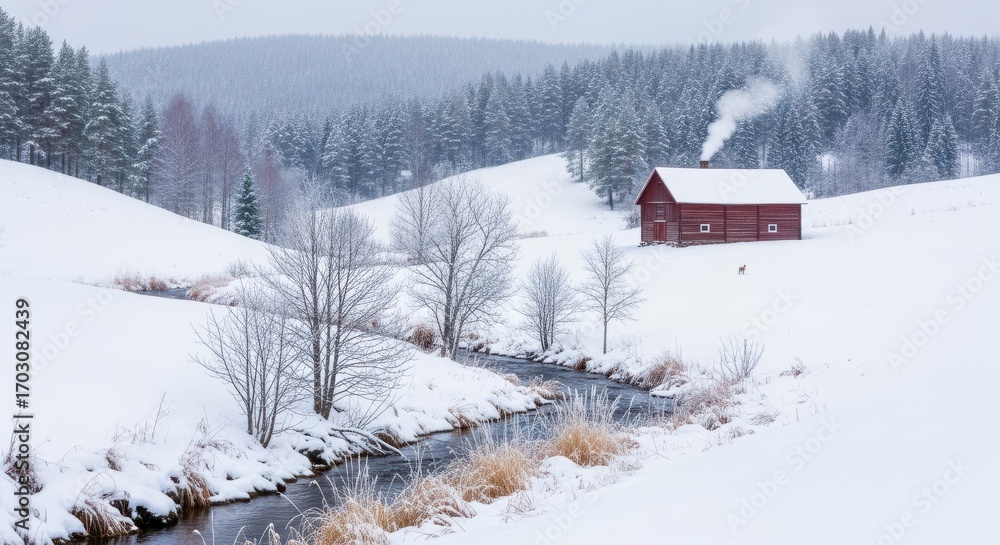 Naklejka premium Idyllic snowy landscape with red cottage and flowing stream during winter