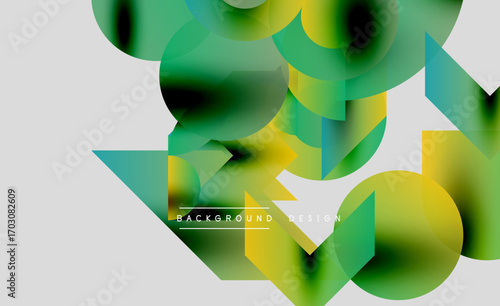 Abstract geometric shapes overlap, creating vibrant green, yellow gradients. Modern design elements suggest fluidity, dynamism. Background text reads background design.