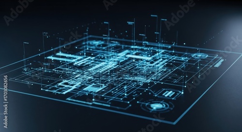 Holographic blue grid overlayed on a dark surface, showcasing complex, futuristic schematic visuals