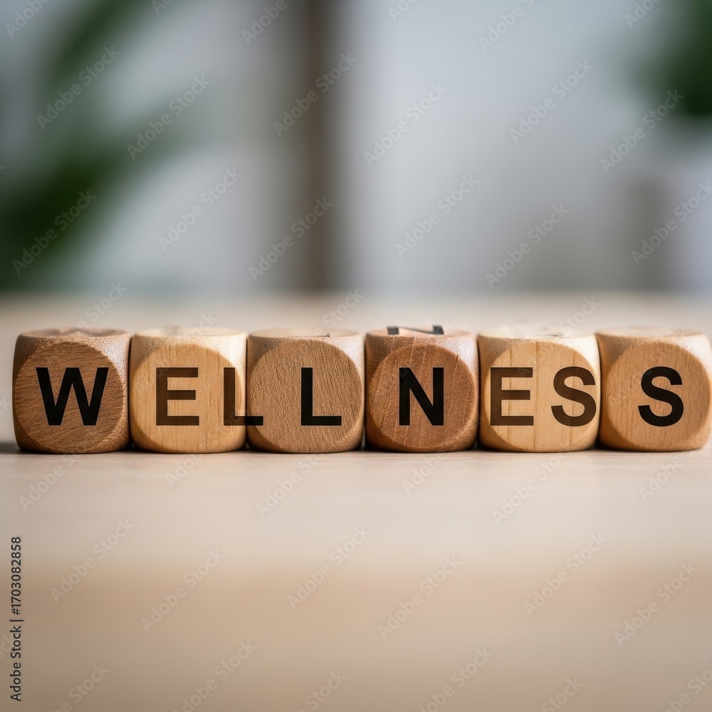 Obraz premium Conceptual wooden dice representing wellbeing and harmonious lifestyle